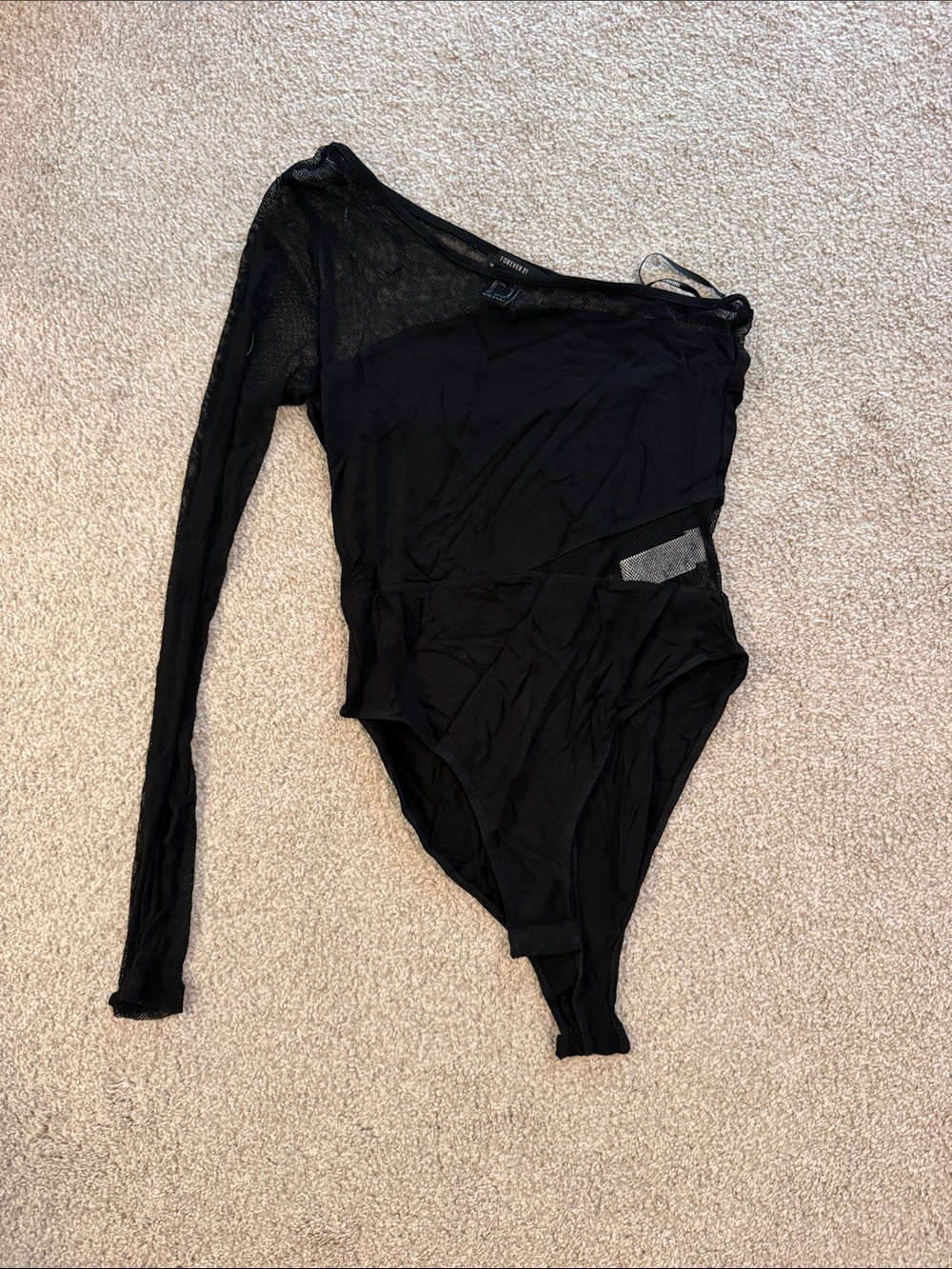 Forever 21 Black One-Shoulder Mesh Sleeve Bodysuit